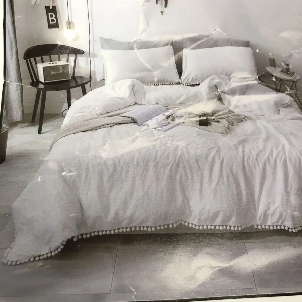 JANZAA DUVET COVER Sham Queen White Pom Ball Zipper Polyester Bed Bedroom